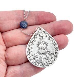 Vintage Sterling Silver 925 Lapis Lazuli Lotus Pendant Necklace 34"